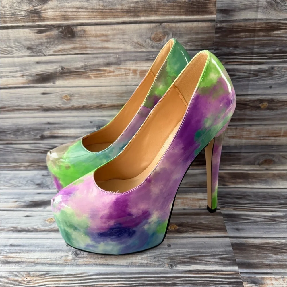 FSJ Colorful Dye Print Pumps Platform Stiletto Heels